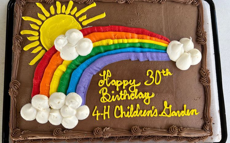 A chocolate cake with a rainbow and the words "Happy 30th Birthday 4-H Children's Garden."